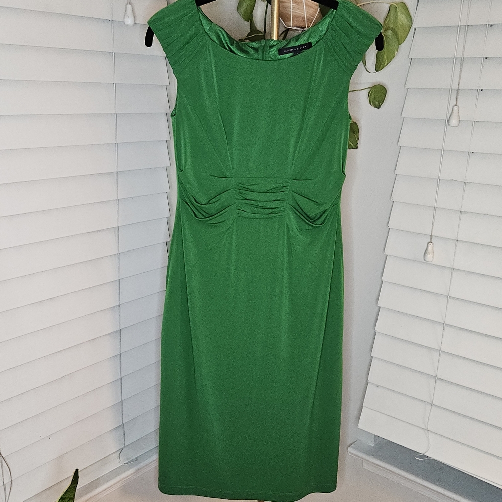 David Meister Sleeveless Ruched Bodice Cocktail Sheath Midi Dress